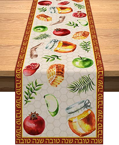 Vohado Rosh Hashanah Tischläufer, jüdisches Neujahr, Party, Dekoration, Leinen, Shana Tova, Ferienhaus, Küche, Esszimmer, Tischdecke, 33 x 183 cm