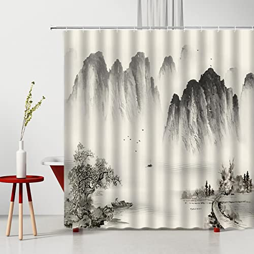 HYFBH Montagne Eau Douche Rideaux Chinois Encre Peinture Paysage Simple Lavable Tissu Bain décor Baignoire écran Salle de Bain Rideau 90x190cm/WxL