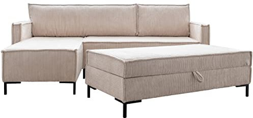 MIUFORM Ecksofa mit Schlaffunktion und Bettkasten (Hocker) Wendbar, Lincoln Wohnlandschaft L-Form mit Pouffe, Couch L Form Schlafcouch Pouf Wohnzimmer Sofa L Form, Metallfüße, Sofa Cord (Beige)