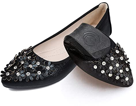 Women's Ballet Flats Foldable Casual Sparkly Rhinestone Wedding Ballerina Shoes Comfort Slip on Walking Flat Shoes