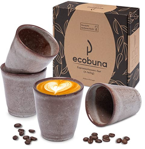 ECOBUNA® Espresso Cups Set (4x120 ml) from Portugal, Stoneware Coffee Mug, Small Coffee Cups without Handle, Dishwasher Safe, Ideal for Doppio, Lungo, Cortado, Babyccino (Cappuccino)