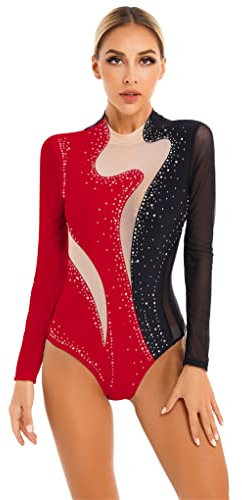 Mufeng Damen Turnanzug Langarm Gymnastikanzug mit Strass Glitzer Tanzbody Akrobatik Anzug Ballettbody Training Wettkampf Tanzkleidung Aa Schwarz & Rot L