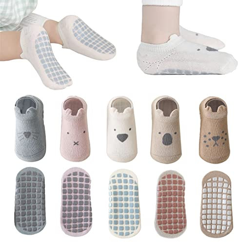 YANWANG Calzini Alla Caviglia Antiscivolo per Neonati, Bambini, Bambine, Ragazze, 5 Paia Di Calzini Con Impugnatura a Cartone Animato (B1-cat,3-5 Years)