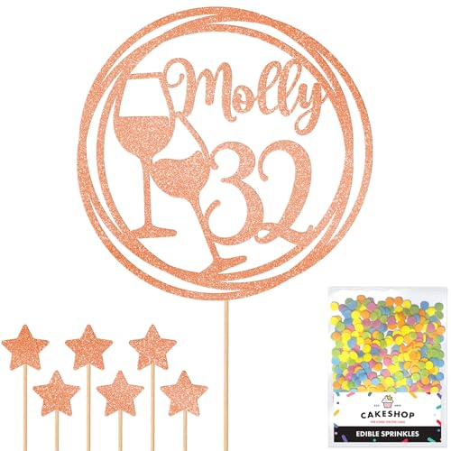 Personalised Wine Glasses Glitter Cake Topper - Rose Gold Custom Age Glitter Cake Decoration and Sprinkles - Happy Birthday Decorations - Personalised Toppers for Cakes by Cakeshop