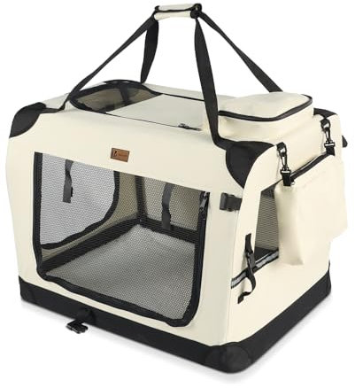 VOUNOT Hundebox faltbar, Transportbox Katze Hunde, Hundetasche, Oxford-Gewebe, Netzstoff, Atmungsaktiv, Transportabel, Metallrahmen, mit Griffen, Taschen, 60x44x44cm M, Beige