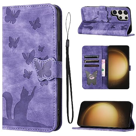 LSPCASA Custodia Per Samsung Galaxy S23 Ultra 6.8 Pollici Materiale in Pelle PU Cover Samsung S23 Ultra Con Slot Per Schede Reticolo Della Farfalla Del Gatto Case Porpora