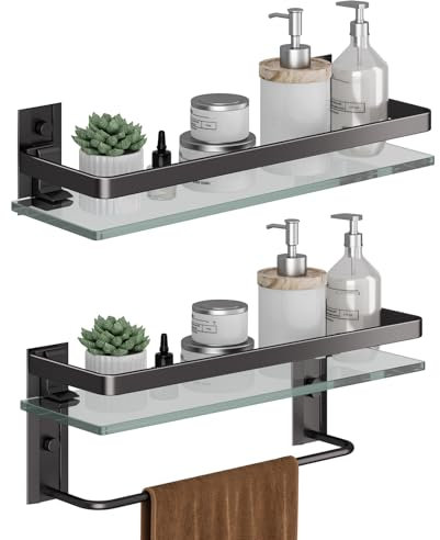 Danpoo Badezimmer-Regal zur Wandmontage, gehärtetes Glas, Badezimmerregal mit Handtuchstange (2 Ebenen, mattschwarz)