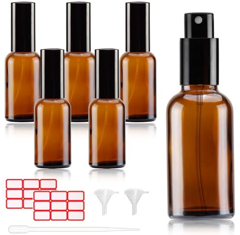 Phomanttonary 6 Stücke 30ml Braunglas Sprühflasche, Nachfüllbare Zerstäuber für Ätherische Öle, Reinigung, Kosmetik und Aromatherapie, Tragbare kleine Sprayflaschen für Haushalt und Geschenke