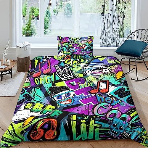 Graffiti Bettwäsche Sets 135x200cm, Street Art, Bettbezug Graffiti Design Waschbar, Doodle Thema Bed Set Für Jungen Und Mädchen Single