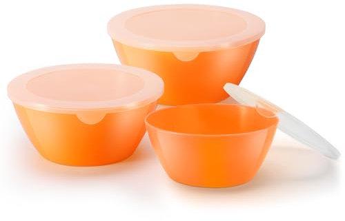 CherHome Mixing Bowls with Lids Set of 3,Lightweight Mixing Bowl with lid,Nesting Plastic Salad Bowls with Lids for Kitchen Preparing,Baking,Serving,Microwave Safe,Dishwasher Safe,Orange