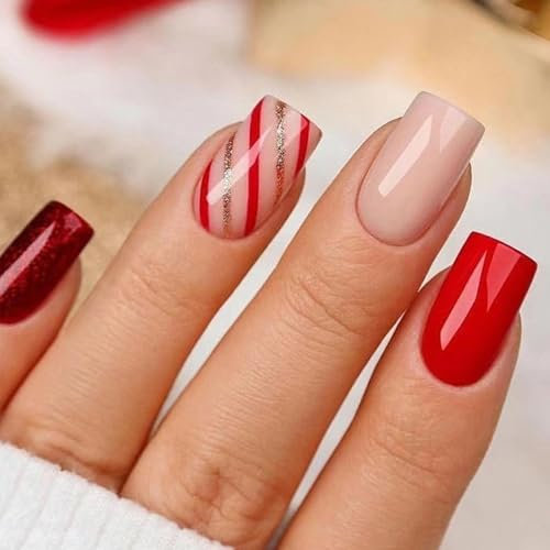 24Pcs Christmas False Nails Short, Square Press on Nails Red Stripes Pattern Stick on Nails, Glossy Reusable Glue on Nail Acrylic Full Cover Fake Nails for Women Girls Nail Art Accessories