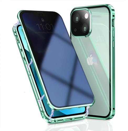 OMGZONE Privacy Case for iPhone 15 Plus Magnetic Cover,Screen Protector built-in Anti-peep Tempered Glass Full Cover with Camera Protector,360 Degree Metal Bumper Case for iPhone 15 Plus,Green