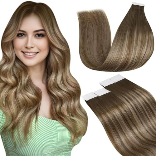 LaaVoo 60cm Echthaar Extensions Tape Ombre Braun Haarverlängerung Echthaar Tapes Balayage Braun Hellblond 20 Stücke 50g Tape in Human Hair Extensions #8/16/8