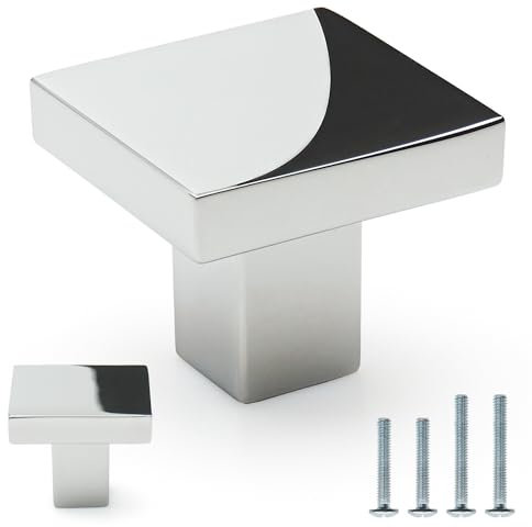 FURFITT 10 Pack Polished Chrome Square Cabinet Knobs 1-3/16 Inch(30mm) Length Soild Zinc Alloy Drawer Dresser Knobs Kitchen Cupboard Furniture Hardware, (23012-K-PC-10)