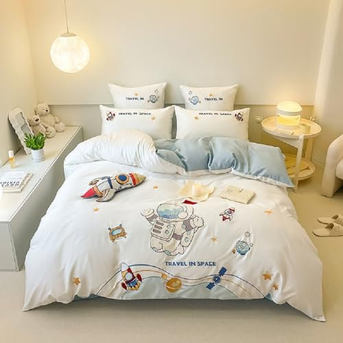 Sacebeleu Bettwäsche Set 135x200cm Kinder Jungs Jungen Blau Weiß Sterne 3D Weltall Sternenhimmel Universum Kinderbettwäsche Astronauten Bettbezug und Kissenbezug 80x80cm mit Reißverschluss
