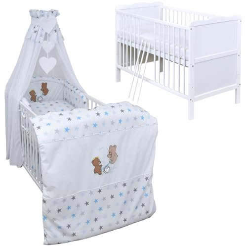 Generisch Baby Delux Babybett Komplett Set Kinderbett 60x120 cm umbaubar zum Juniorbett weiß 10-tlg Max Bettset Matratze Chiffonhimmel (Wippe Magic blau)
