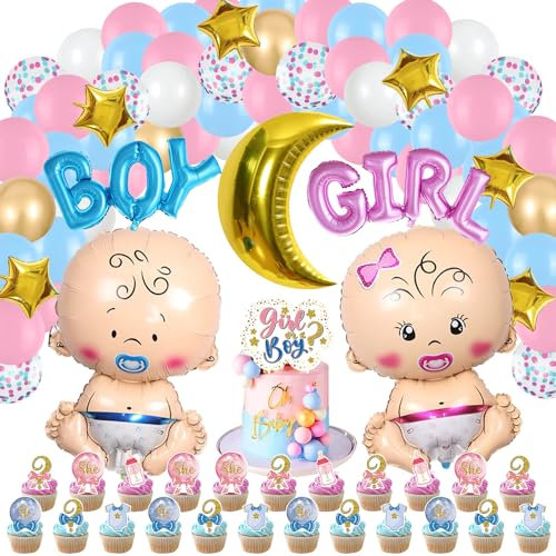 Gender Reveal Party Dekoration 89Stück,boy or girl Party Dekoration Willkommens,Luftballons Mädchen Oder Jungen,Baby Form Folienballon,Cupcake Toppers,baby Shower Gender Reveal Party Dekoration
