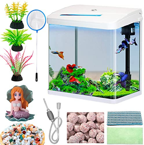 Glas fischbecken 16-Liter Aquarium Starter-Set Kleines Betta-Fischbecken Desktop Mini Fischschüssel für Garnelen Kleine Fische mit Pumpe LED-Licht Simulierte Wasserpflanzen und Filtermaterialien