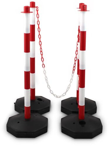 Bituxx 4 Absperrpfosten Kettenpfosten Begrenzungspfosten Personenleitsystem mit 3x 1,50m Kette Kunststoff Rot / Weiß