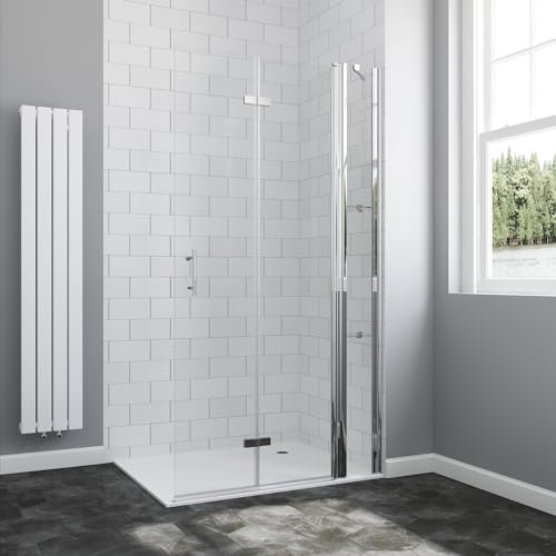 AQUABATOS® 140 x 195 cm Faltbare Walk in Dusche 6mm ESG Duschwand Glas Duschabtrennung Duschtrennwand Glastrennwand Glaswand mit Nano Beschichtung, Drehfalttür mit Festteil und 2 Acryl Eckregalen