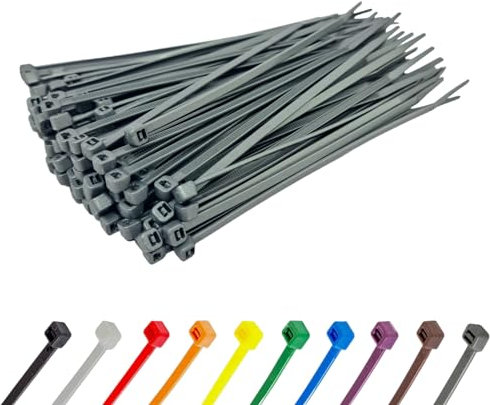 Silver Cable Ties (100 Pack - 200mm x 2.5mm) Nylon Zip Ties Plastic Tie Wraps for Office Cable Tidy Garden DIY