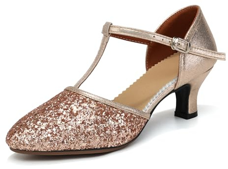 YCALCP Damen Latein Tanzschuhe mit Pailletten Geschlossene Zehe T-Strap Ballroom Salsa Tango Party Pailletten Tanzschuhe,5.5 cm Absatz,FT-135