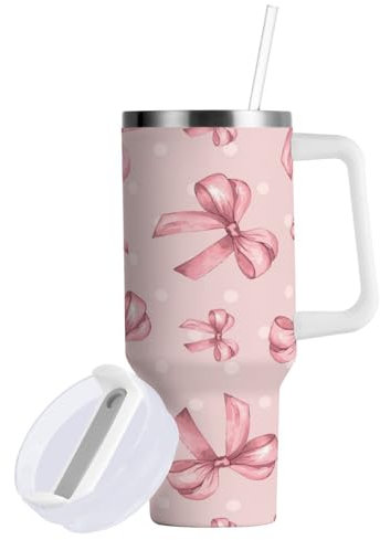 Boccsty Bows Dots Pink Insulated Tumblers Reusable Stainless Steel Tumbler 40 oz Cup Coffee Travel Mug Water Bottle with Handle & Flip Straw for Home Office Car