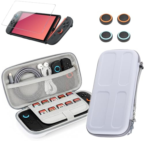 【Carry Case+Screen Protector+Joystick Cap】 Hard Case Compatible with 2025 Nintendo Switch 2 (7.9 inch) & Accessories, Shockproof Scratch-Proof Travel-Friendly Protective Carrying Suitcase - White