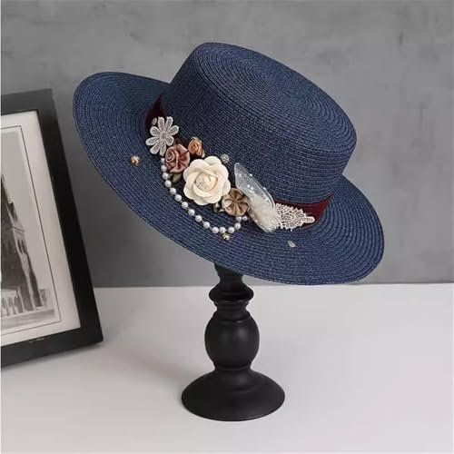 SLEDEZ Sombrero De Paja para Mujer Sombrero de Paja con Flores for Mujer, Sombrero for el Sol for Playa, Vacaciones y Playa(Blue)