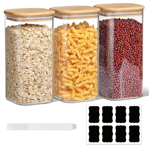 ZhouZGlass 1500ml Glass Jars with Bamboo Lids, Clear Airtight Food Storage Container Jar, Square Storage Jars & Canisters with Sealing Lid for Flour Preserving Beans Nut Sugar Tea Coffee(3 Pcs)