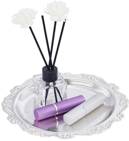 PH PandaHall Bandeja de joyería plateada de 7.8 pulgadas, bandeja de perfume decorativa redonda, bandeja de velas de estilo vintage, dispensador para bodas, fiestas, hogar, cocina, centro de mesa