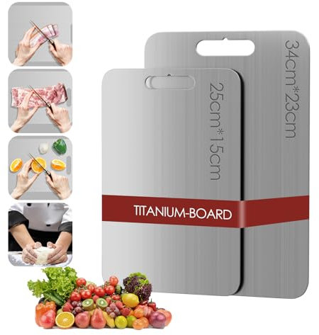 Titan Schneidebrett Set – 2-teilig, Doppelseitiges S316Ti Edelstahl, lebensmittelecht & antibakteriell, ideal für Fleisch, Brot, Gemüse & Obst – langlebig & messerschonend