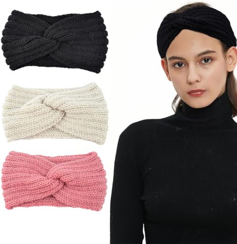 3 Pièces Bandeau Hiver Femme,Bandeaux Hiver Serre-Tête Tricoté Oreille Réchauffeur,Bandeau Cheveux Femme Hiver, Oreille Réchauffeur Chaud Noué Bande Elastique Cheveux