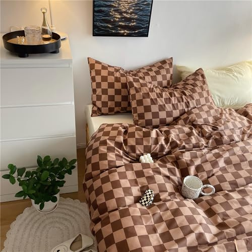 Covebett Bettwäsche 135x200 Braun Kariert Landhausstil Wendebettwäsche Set Aesthetic Modern Karo Dunkelbraun Karomuster Muster Renforce Microfaser Bettbezug und Kissenbezug 80x80cm Reißverschluss