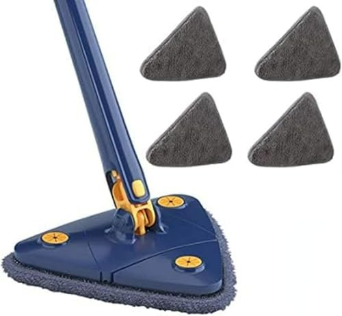 Balai de Nettoyage Rotatif réglable à 360°, Balai Triangulaire avec Eau comprimée Automatique pour Nettoyer la Cuisine, Les Murs, Les plafonds et Les Coins (Bleu,4 Tissu)