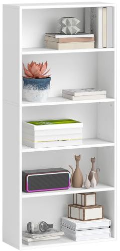HOMCOM 5-Regal Bücherregal mit 3 verstellbaren Böden, Modernes Holzregal Bücherregal, 60x24x133,5 cm, Weiß