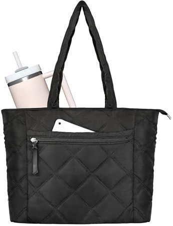 Women Quilted Puffer Work Tote Bag Compatible with Stanley Cup Holder with Laptop Compartment for College Travel
