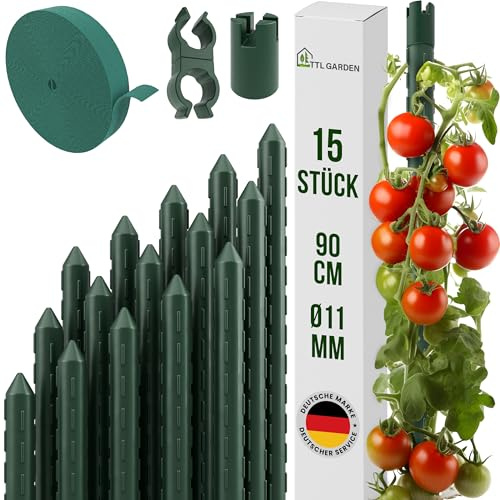 TTL GARDEN Rankstäbe 15er Set 90 cm x 11 mm Ø grün + Klettband + Clips | - Rankhilfe Pflanzstäbe Stahl rostfrei Kunststoff beschichtet Rankhilfe Blumenstütze Pflanzenstütze -Tomaten Gurken & Blumen