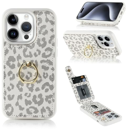 Cavor Phone Case compatible with iPhone 15 Pro Max Case With Card Holder,Flip Leather Wallet Case,Buckle Metal Ring Shockproof Cover Case compatible with iPhone 15 Pro Max - White Leopard