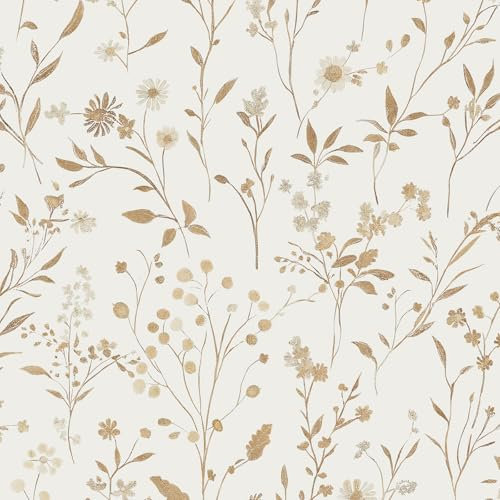 LiKiLiKi Möbelfolie Selbstklebend Beige Blumen Mustertapete 44×1000 cm Vintage Blumentapete für Möbel Schrank Wohnzimmer Küche Wasserdicht, Leicht zu Reinigen und Glatte Oberfläche
