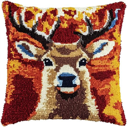 ANSIWEIGO Knüpfkissen set für Erwachsene,Kissen Selber Knüpf Set mit Werkzeug und Anleitung für Kinder,43x43 cm,Rotwild