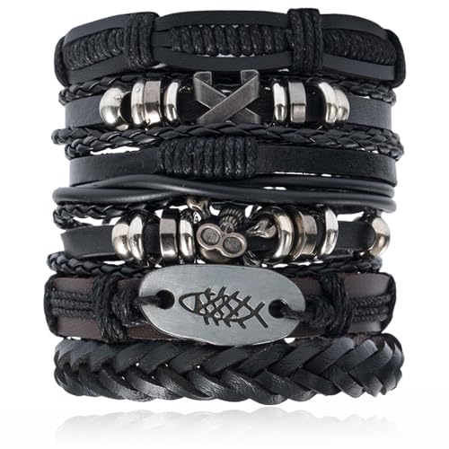 iuiiaii 6 Pcs Mens Bracelets Leather, Mens Accessories Leather Bracelets for Women, Adjustable Fashion Punk Braided Men and Women Rope Bracelet, Multilayer Braided Vintage Bracelet Wrap Set Series