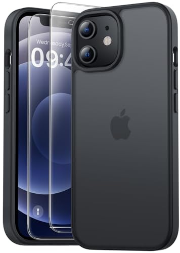 Qasyfanc Matt Handyhülle für iPhone 12 Hülle, Schwarz | Inklusive 2 Stück Schutzfolie, Militärschutz Kratzfest Hard PC Transluzente Case Schutzhülle für iPhone 12