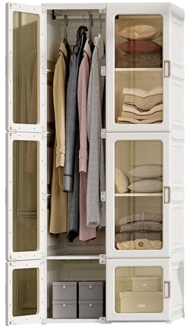 DIYHOM Armario plegable con puerta transparente, armario multiusos para dormitorio, 10 compartimentos+6 puertas+1 barra