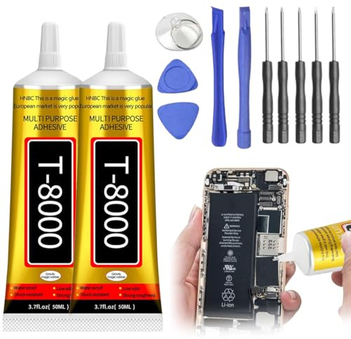 T8000 Display Kleber Smartphone, 2 Stück T8000 Handy Display Kleber 50 ml mit 11-teiligem Reparatursatz, Kristallklarem Kleber für Holz, Glas, Keramik, Intelligente Produkte