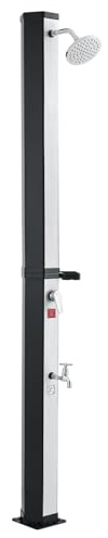 VEVOR Ducha Solar 35 L 195 cm, Ducha Exterior Solar con Grifo y Porta Jabones, Cabezal Giratorio 360° Ajuste de Agua Fría y Caliente Máx. 60 °C, PVC Reforzado, para Piscina Patio Playa, Negro Plateado