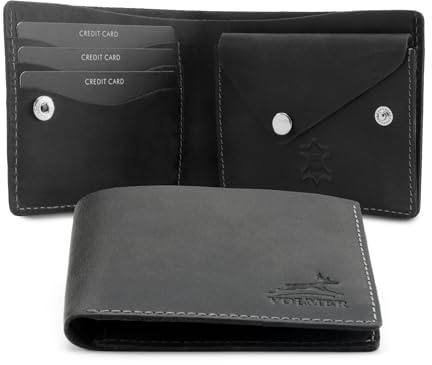 Fa.Volmer ® Kompakte, minimalistische Herren-Geldbörse aus Echtleder – Ideal zum Ausgehen & Business – Modell: Nighthawk (schwarz-grau)