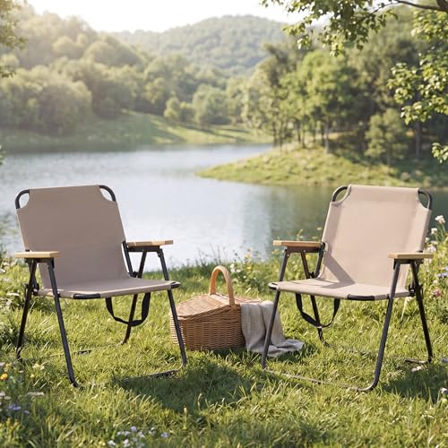 Mendler 2er-Set Campingstuhl HWC-Q43 Bambus - Creme | Gartenstuhl, Balkonstuhl, Freizeitstuhl, klappbar Metall, Stoff/Textil