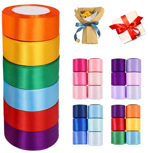6 Farben Satinband Bänder, 22m X 40mm Geschenkband für Hochzeit Dekoration | Polyester Satinband für Geschenkverpackungen Weihnachtsgeschenke Schleifen Haarschleifen Schleifenband für Blumensträuße