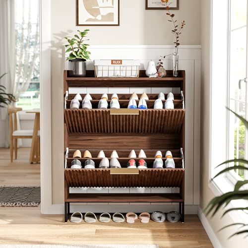 Bonnlo Schuhschrank mit 2 Klappen, Schuhregal mit geriffelte Türen, Schuhkipper Schmal, Schuhaufbewahrung für Flur, Eingangsbereich, Wohnzimmer, Schlafzimmer, 80x24x101.3cm, (Nussbaum)